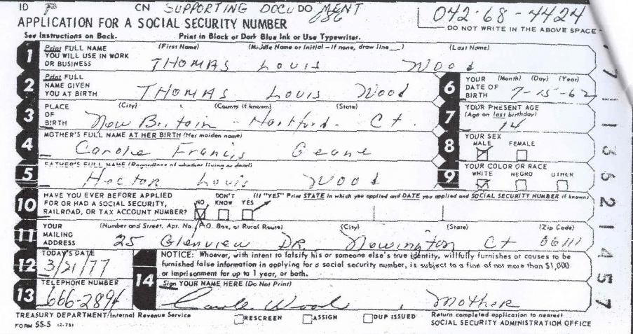 Thomas Wood Application for Connecticut Social Security Number Numident
