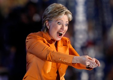 U.S. Senator Hillary Clinton gestures from the stage at the 2008 Democratic National Convention in Denver
